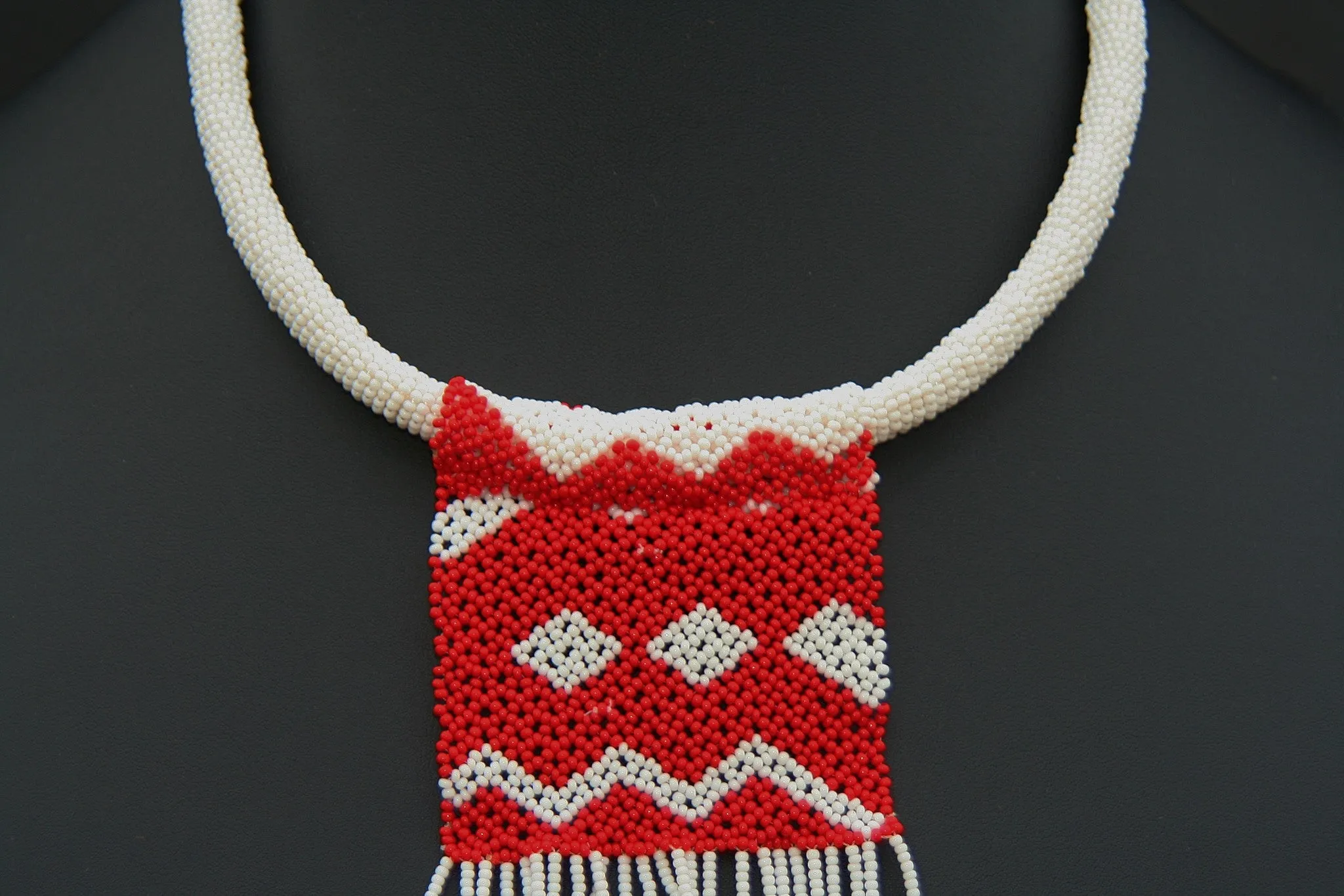 African Zulu Love Letter Beaded Necklace Red on White