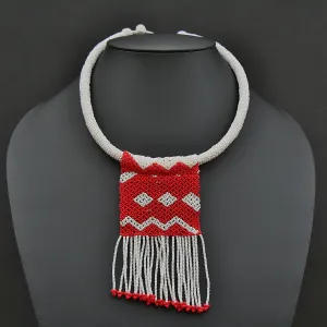 African Zulu Love Letter Beaded Necklace Red on White