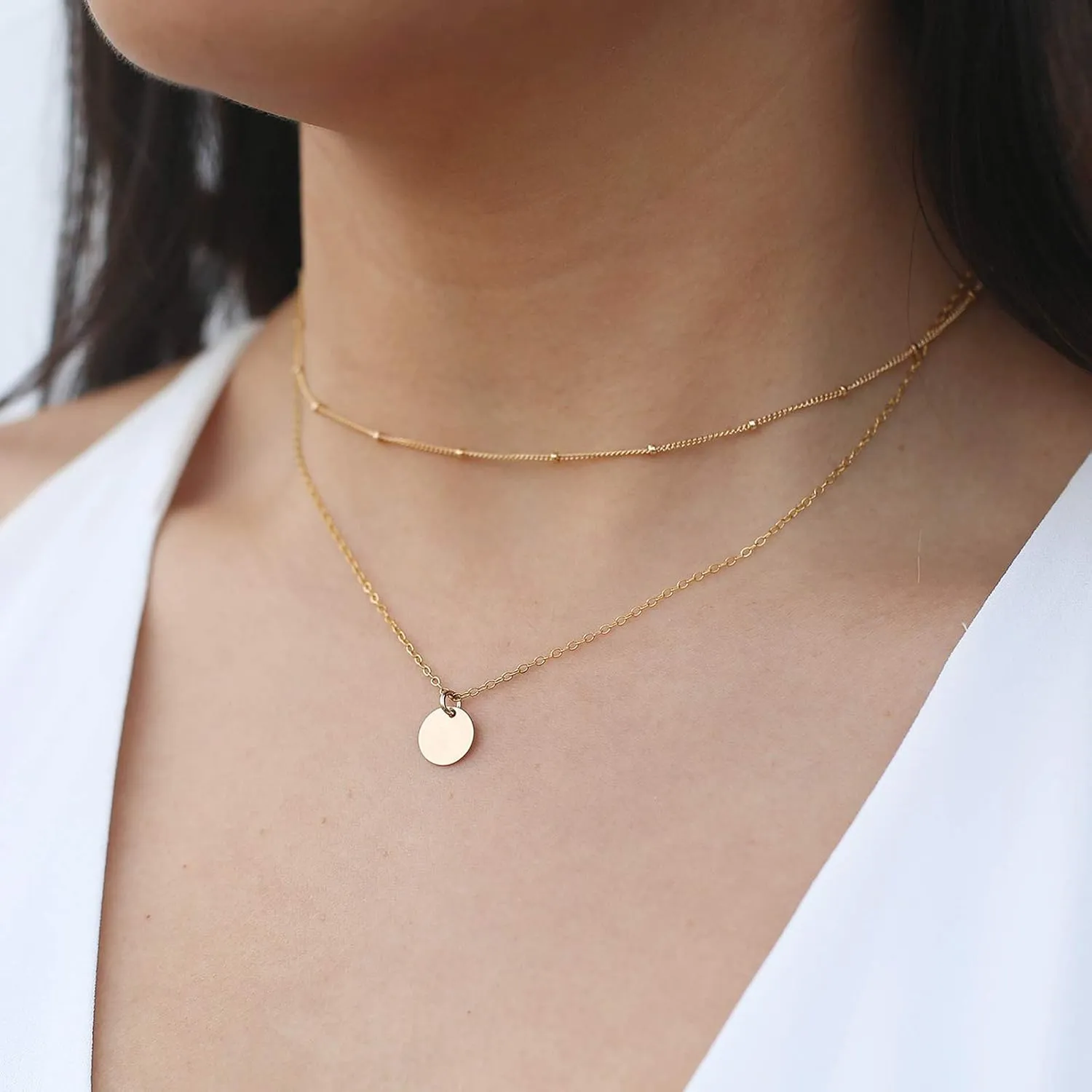Aisansty Dainty Layered Choker Necklaces Handmade Coin Tube Star Pearl Pendant Multilayer Adjustable Layering Chain Gold Plated Necklaces Set for Women