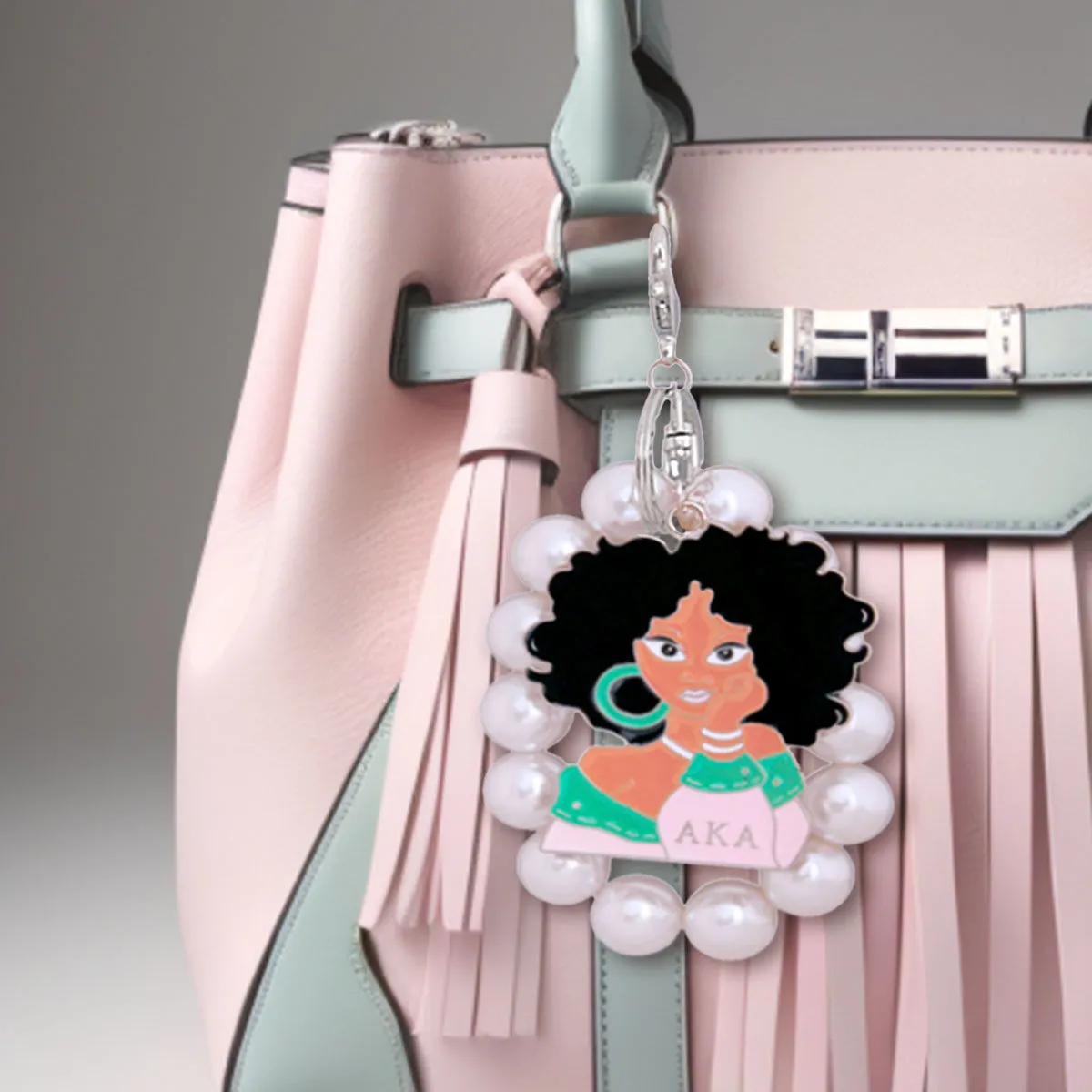AKA Alpha Kappa Alpha Inspired Keychain Pink Green Woman Pearl Keychain Purse Charm