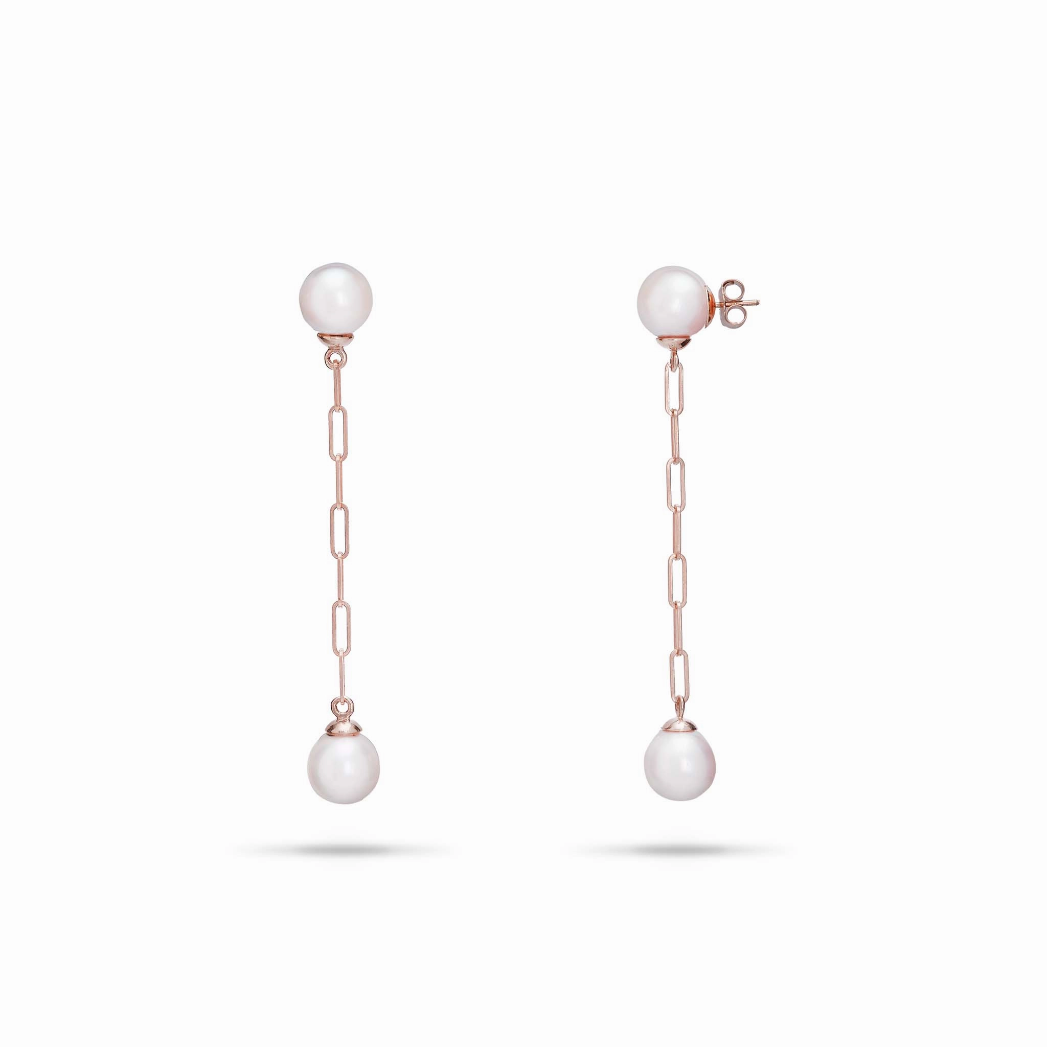 Akoya White Pearl Paperclip Chain Earrings in Rose Gold - 8mm Glitter Finish Luxury Pick