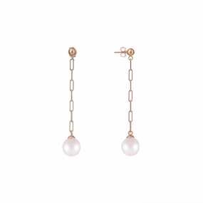 Effortless Fit Classic Piece Akoya White Pearl Paperclip Chain Earrings in Rose Gold - 8mm