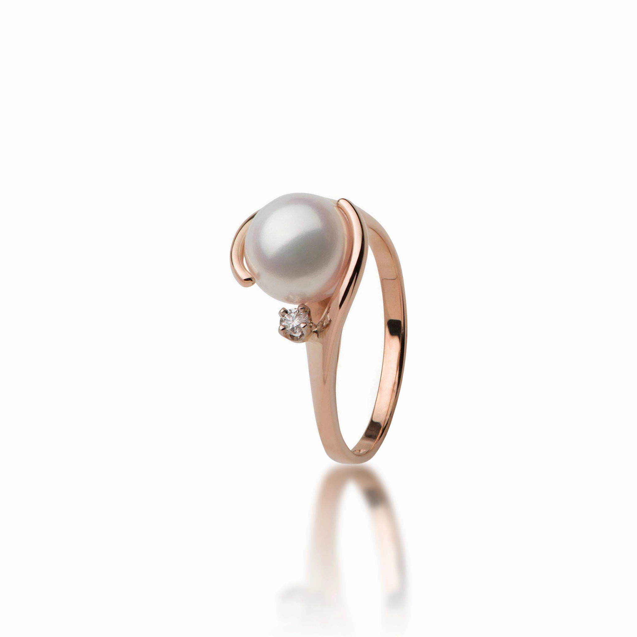 Elegant Creations Akoya White Pearl Ring in Rose Gold with Diamond - 8mm