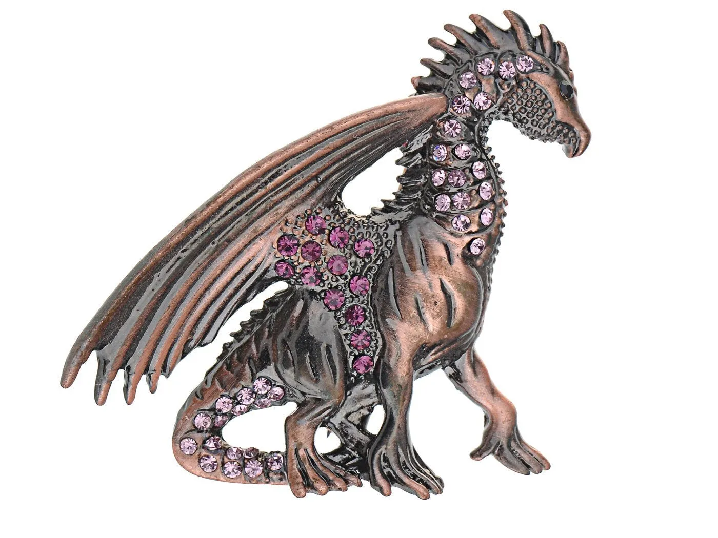 Alilang Antique Rust Gunmetal Fantasy Renaissance Medieval Dragon Pink Crystal Rhinestone Brooch Pin