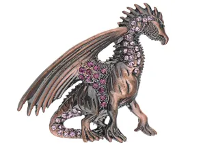 Alilang Antique Rust Gunmetal Fantasy Renaissance Medieval Dragon Pink Crystal Rhinestone Brooch Pin