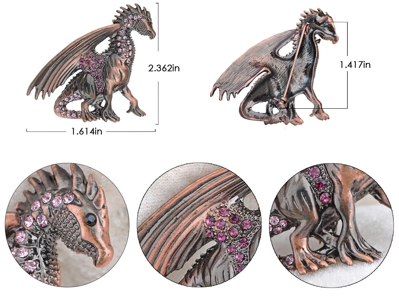 Alilang Antique Rust Gunmetal Fantasy Renaissance Medieval Dragon Pink Crystal Rhinestone Brooch Pin