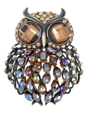 Alilang Brass Tone Topaz Rainbow Crystal Rhinestone Big Eyes Owl Bird Brooch Pin