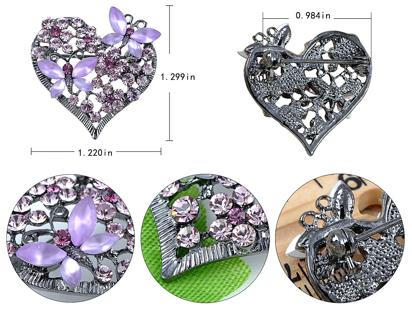 Alilang Womens Floral Silvery Tone Crystal Rhinestone Insect Butterfly Love Flower Heart Brooch Pin Purple