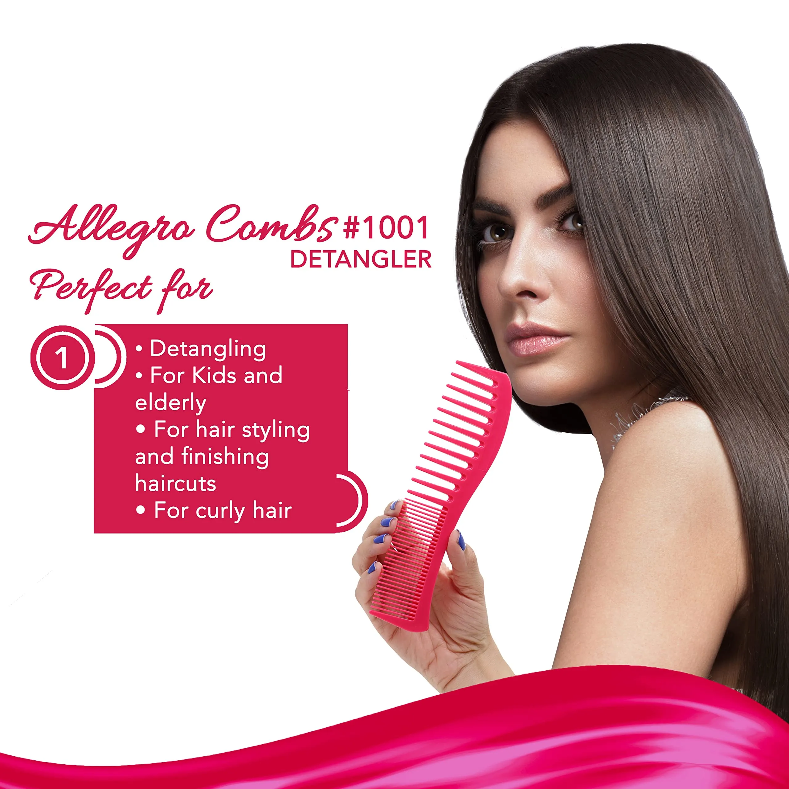Allegro Combs 1001 Wide Tooth Teasing Shampoo Hair Combs Space Tooth Barber Curly Wavy Hair Parting Stylist Detangler Wig Combs Flexible Usa 2 Pcs. (Pink)