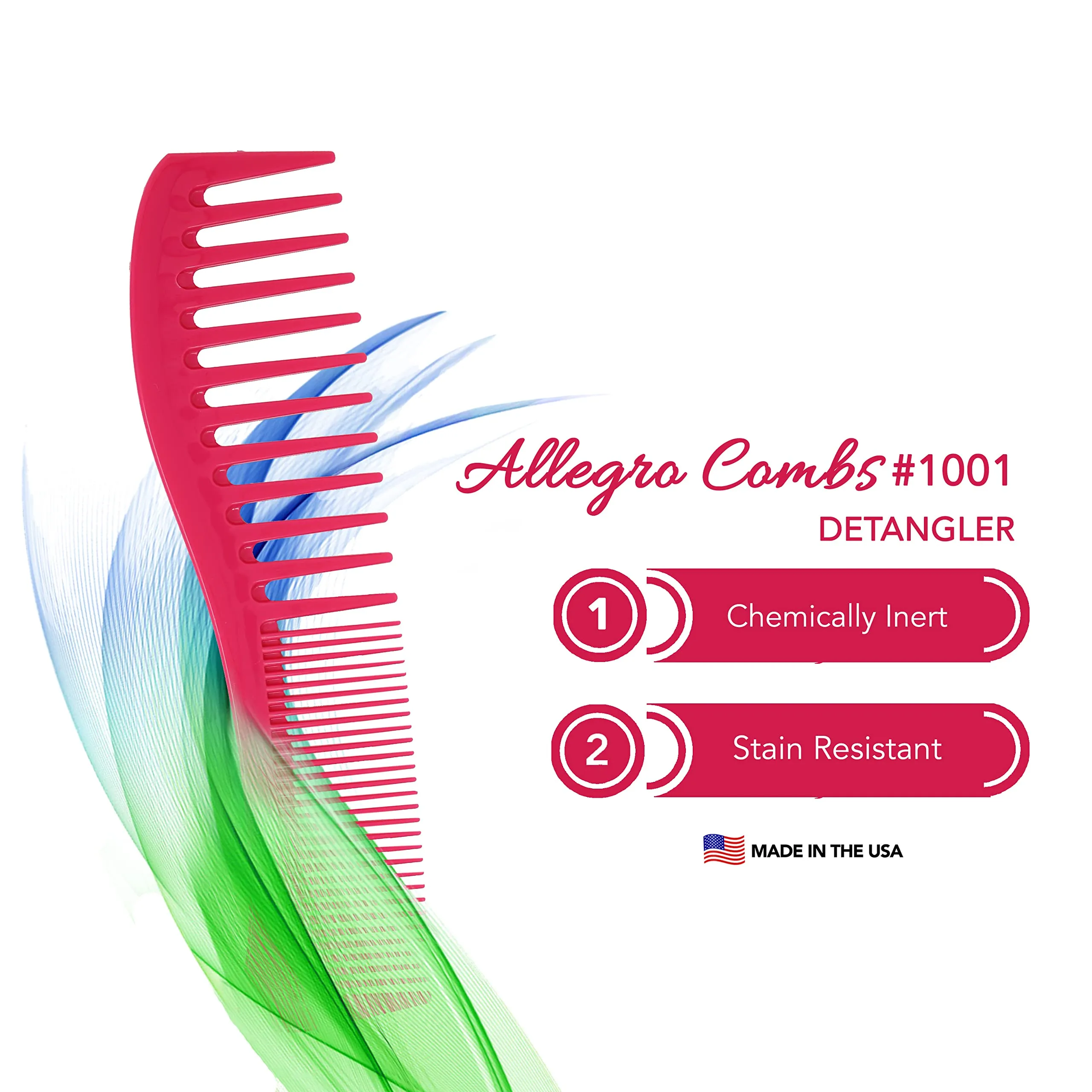 Allegro Combs 1001 Wide Tooth Teasing Shampoo Hair Combs Space Tooth Barber Curly Wavy Hair Parting Stylist Detangler Wig Combs Flexible Usa 2 Pcs. (Pink)