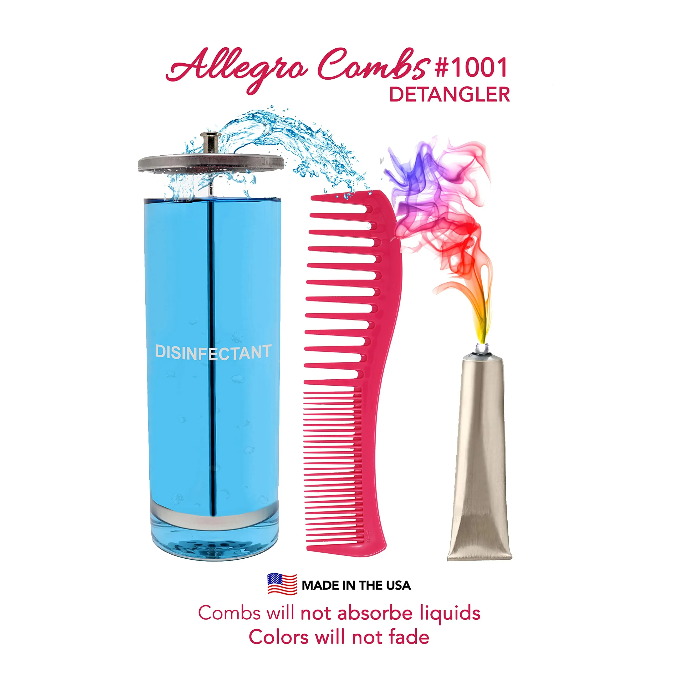 Allegro Combs 1001 Wide Tooth Teasing Shampoo Hair Combs Space Tooth Barber Curly Wavy Hair Parting Stylist Detangler Wig Combs Flexible Usa 2 Pcs. (Pink)