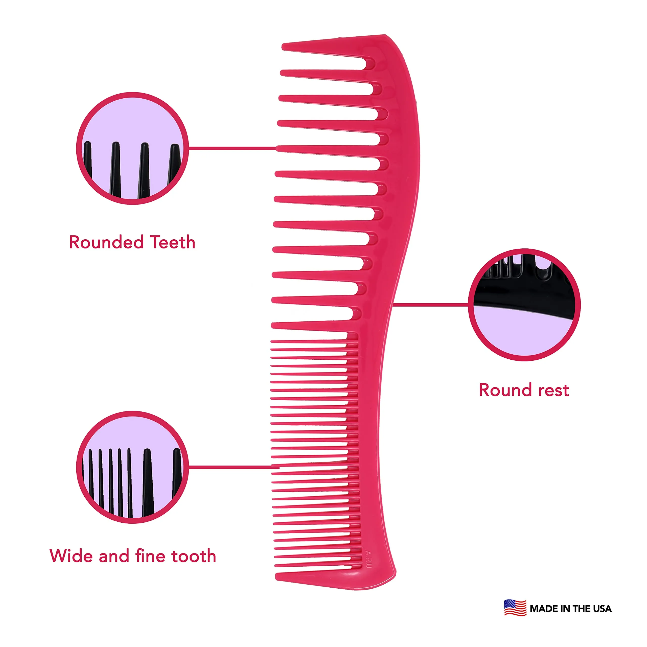 Allegro Combs 1001 Wide Tooth Teasing Shampoo Hair Combs Space Tooth Barber Curly Wavy Hair Parting Stylist Detangler Wig Combs Flexible Usa 2 Pcs. (Pink)