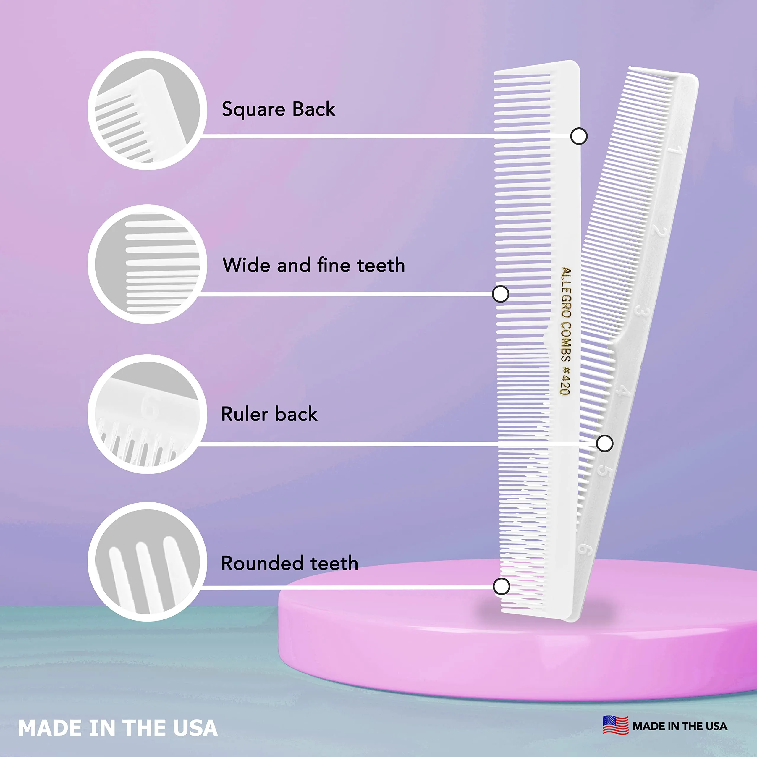 Allegro Combs 420 Hair Stylist Barbers Cutting Combs Beard Comb Mustache Mens Women Toddler Boys Braiding Hair Parting Usa 3 Pc. (White)