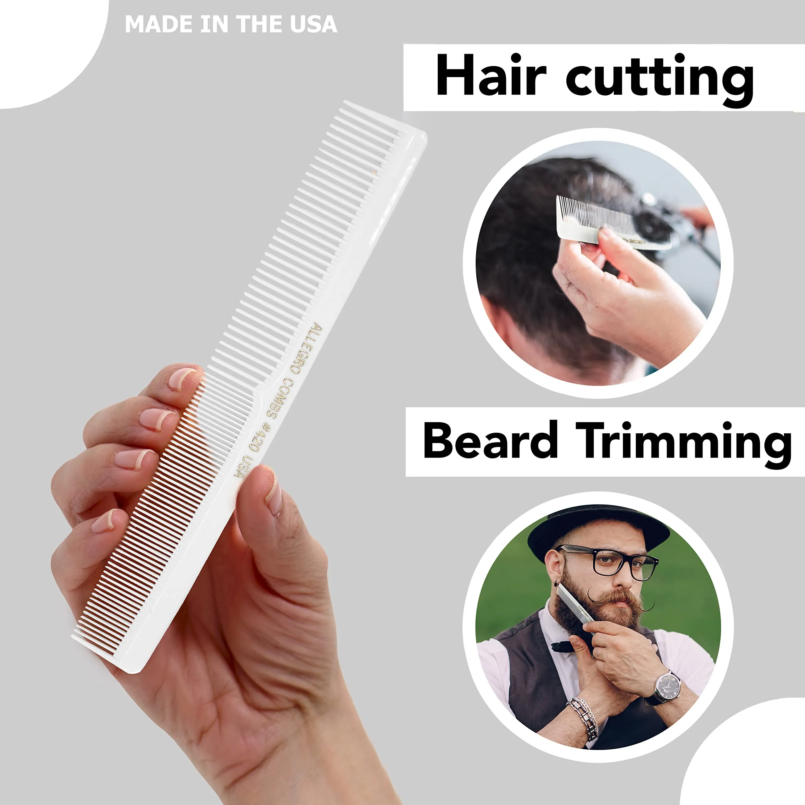 Allegro Combs 420 Hair Stylist Barbers Cutting Combs Beard Comb Mustache Mens Women Toddler Boys Braiding Hair Parting Usa 3 Pc. (White)