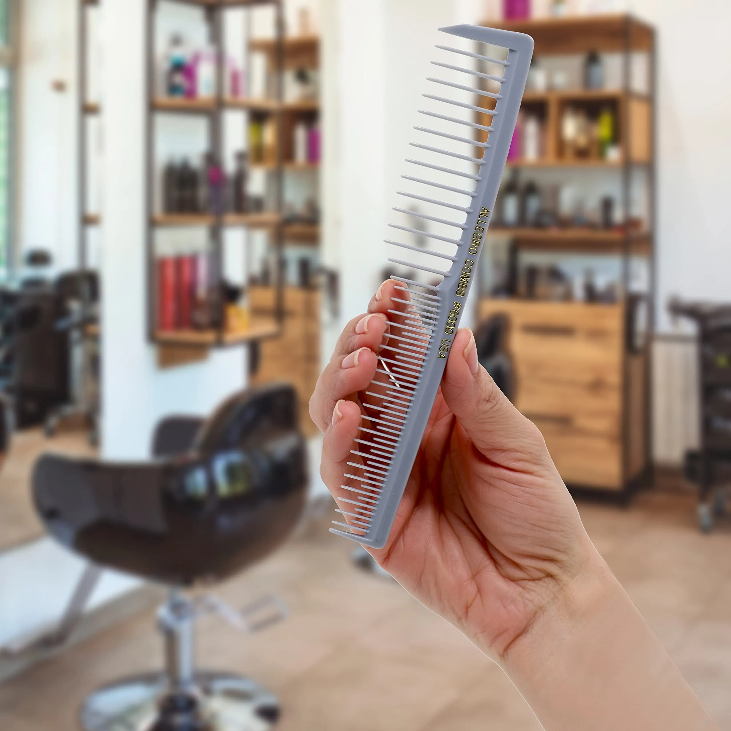 Allegro Combs 6000 Wide Tooth Teasing Lift Vented Hair Combs Space Tooth Barber Stylist Curly Hair Parting Made In The USA 6 Pcs. (Grey)