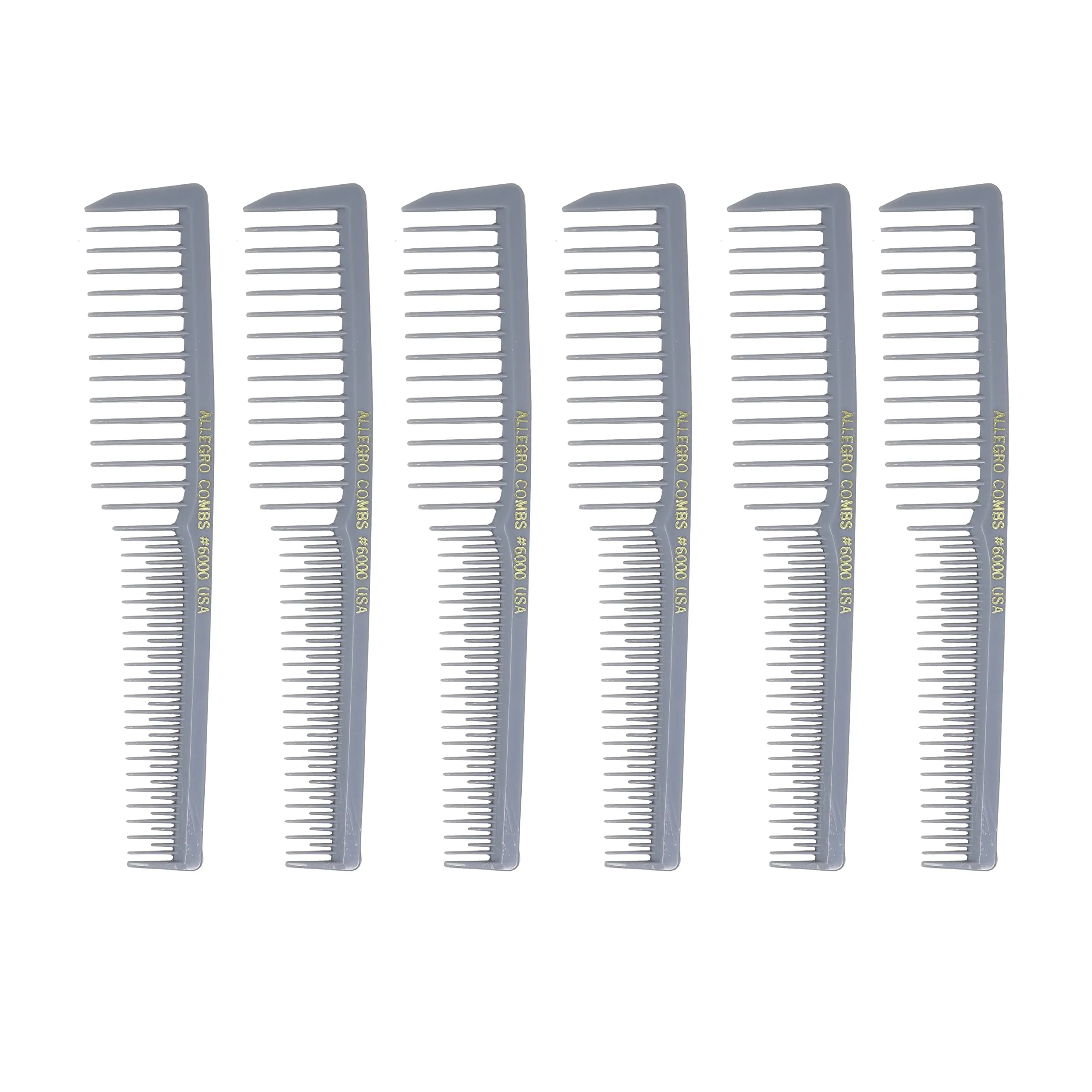 Allegro Combs 6000 Wide Tooth Teasing Lift Vented Hair Combs Space Tooth Barber Stylist Curly Hair Parting Made In The USA 6 Pcs. (Grey)