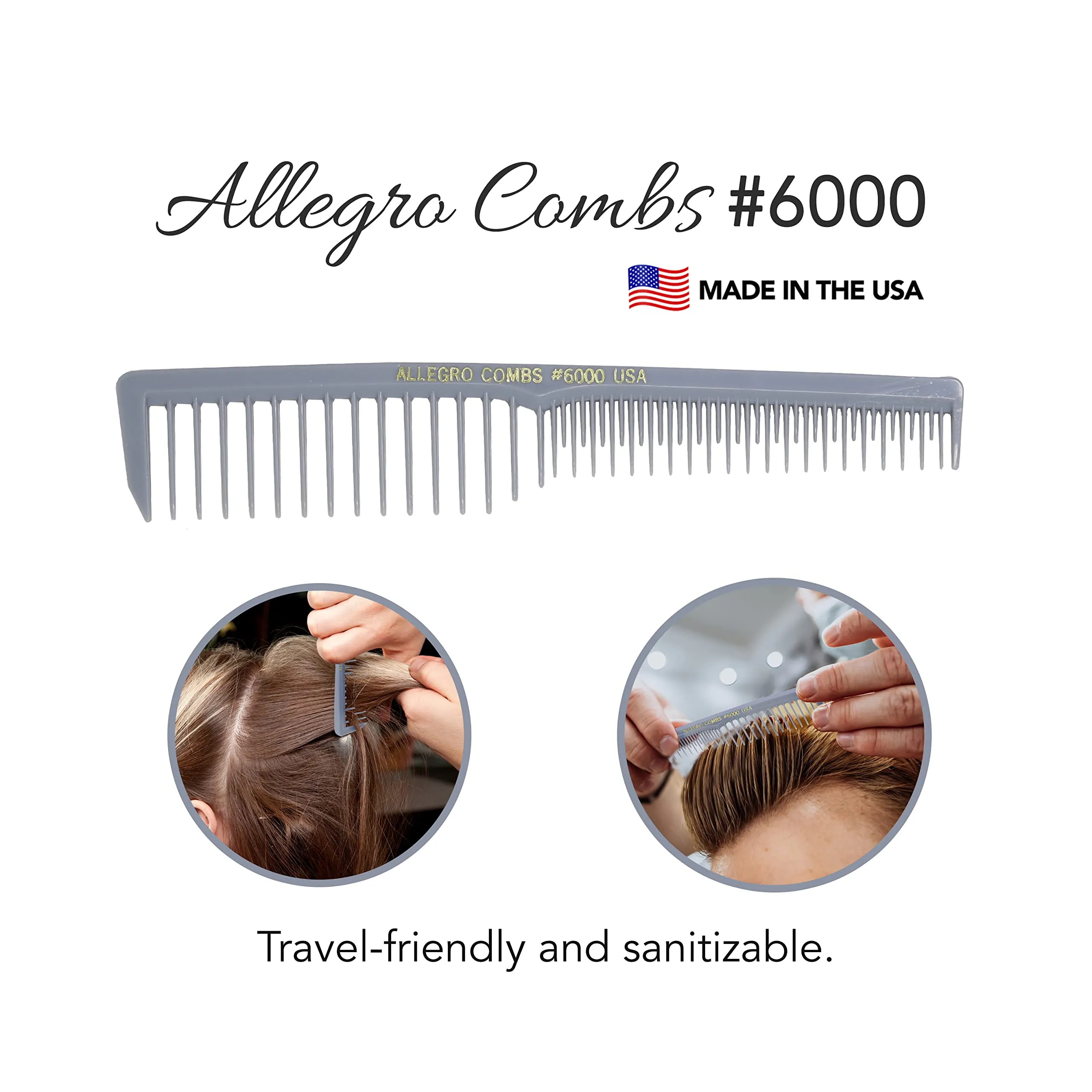 Allegro Combs 6000 Wide Tooth Teasing Lift Vented Hair Combs Space Tooth Barber Stylist Curly Hair Parting Made In The USA 6 Pcs. (Grey)