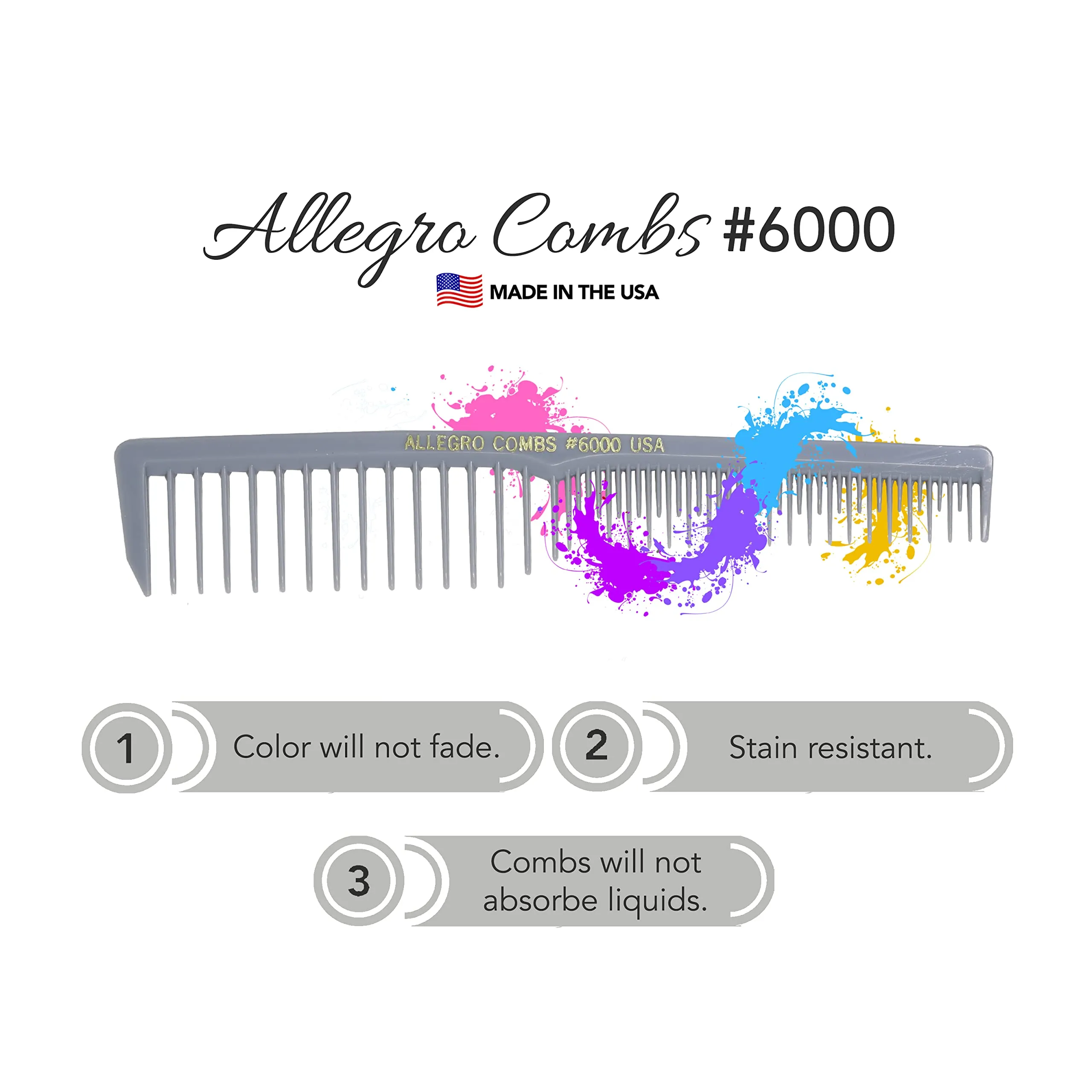 Allegro Combs 6000 Wide Tooth Teasing Lift Vented Hair Combs Space Tooth Barber Stylist Curly Hair Parting Made In The USA 6 Pcs. (Grey)