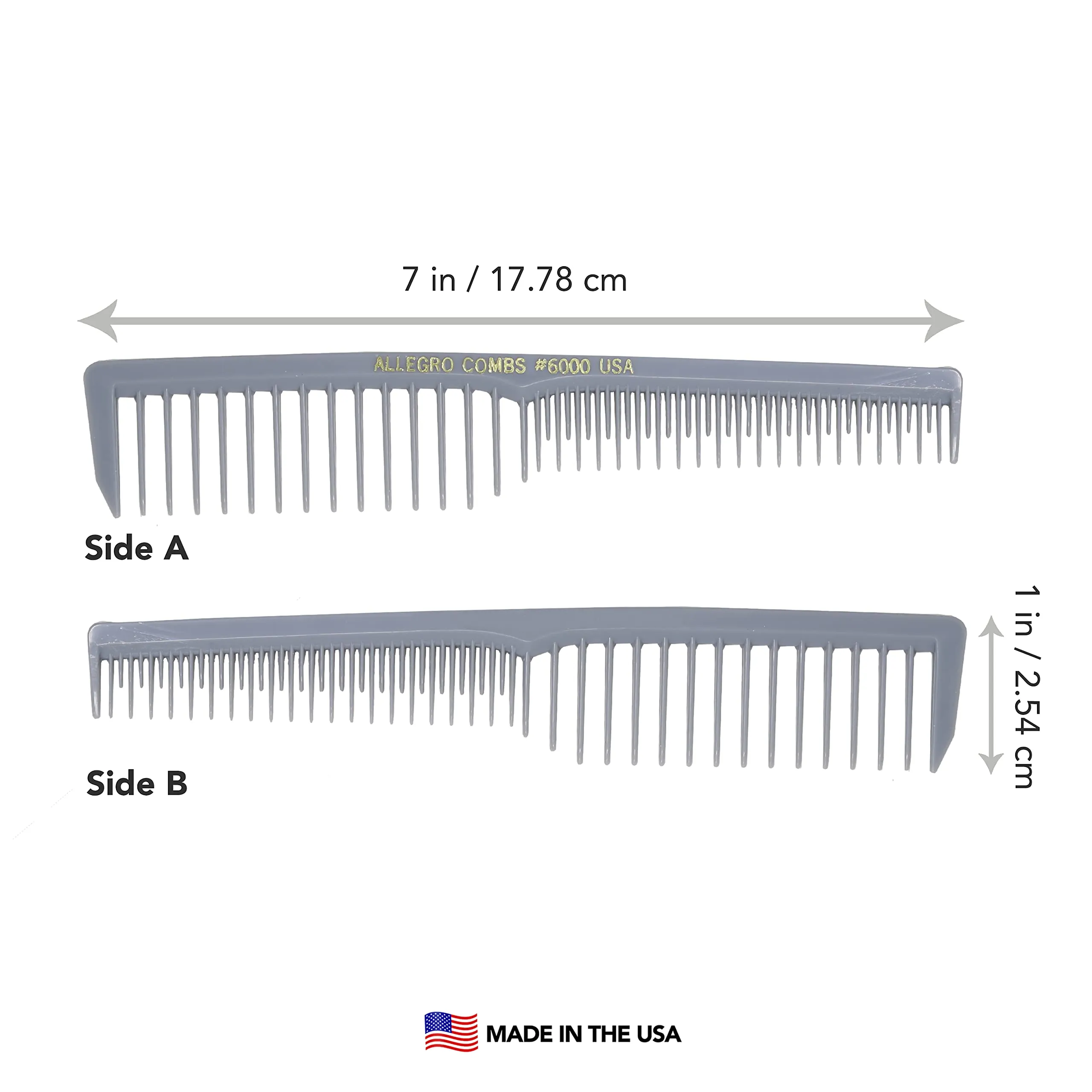 Allegro Combs 6000 Wide Tooth Teasing Lift Vented Hair Combs Space Tooth Barber Stylist Curly Hair Parting Made In The USA 6 Pcs. (Grey)