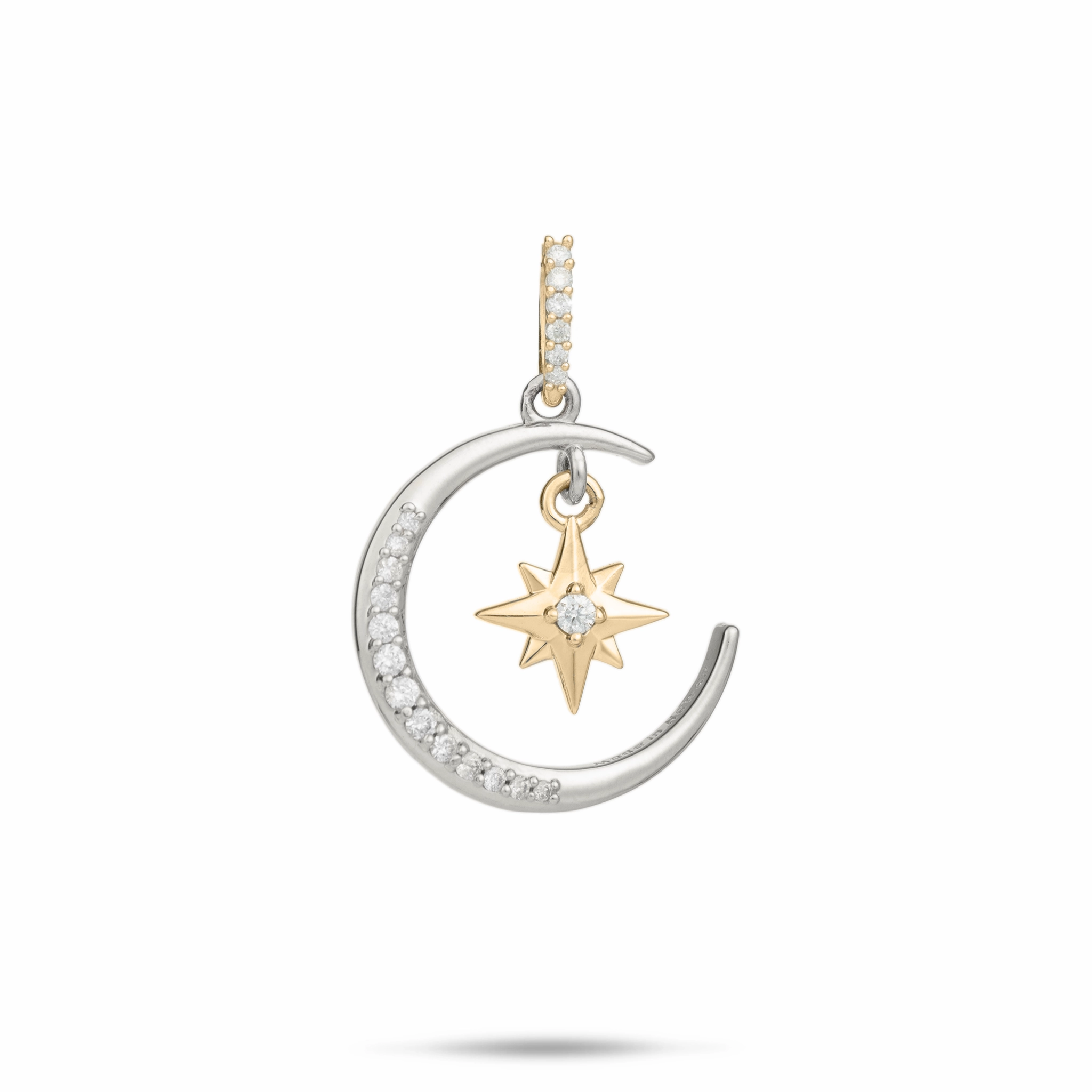 Moon & Star Mermaid Pendant in Two Tone Gold with Diamonds - 19.5mm Sleek Glamour Trendy Spark