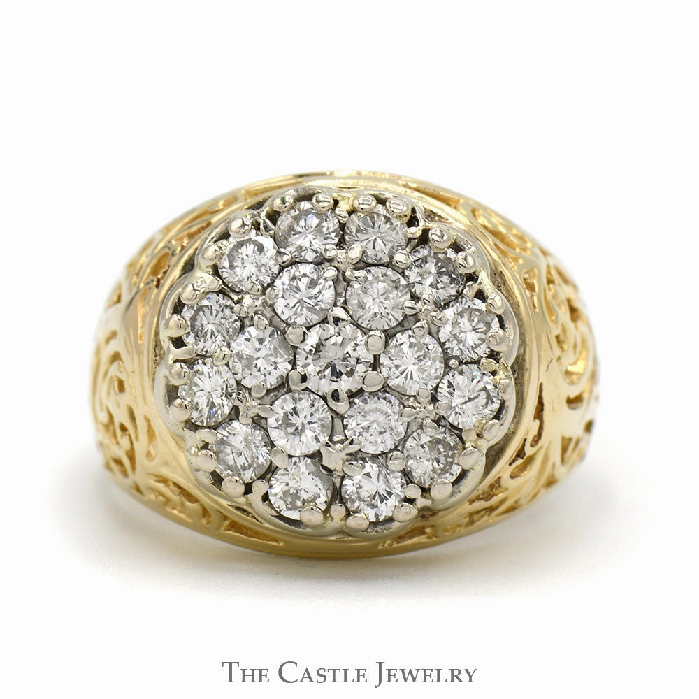 2cttw Diamond Kentucky Cluster Ring with Open Filigree Sides in 10k Yellow Gold Brilliant Jewelry