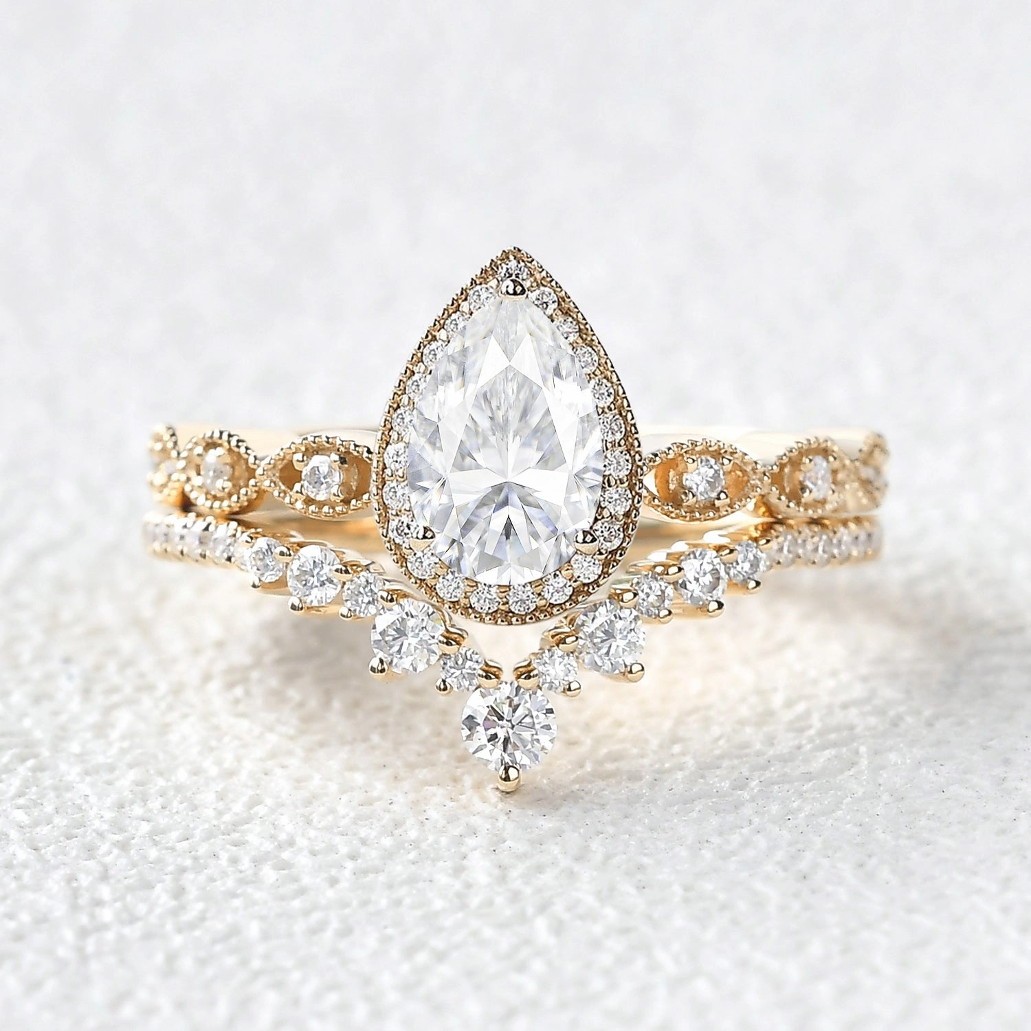 Elegant Shape Vintage Pear Shaped Moissanite Yellow Gold Ring Set 2pcs