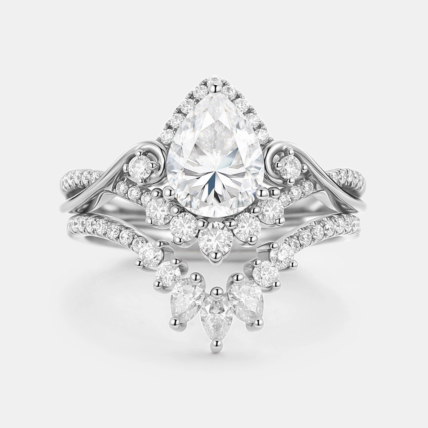 Pear Cut Moissanite Cluster Engagement Ring Set 2pcs Trendy Style