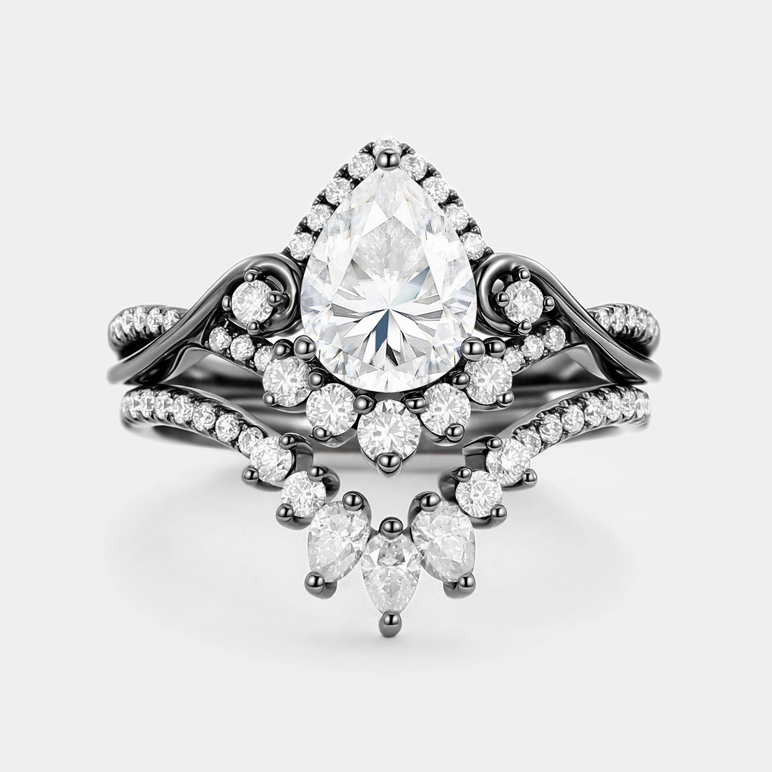 Pear Cut Moissanite Cluster Engagement Ring Set 2pcs Enchanted Detail