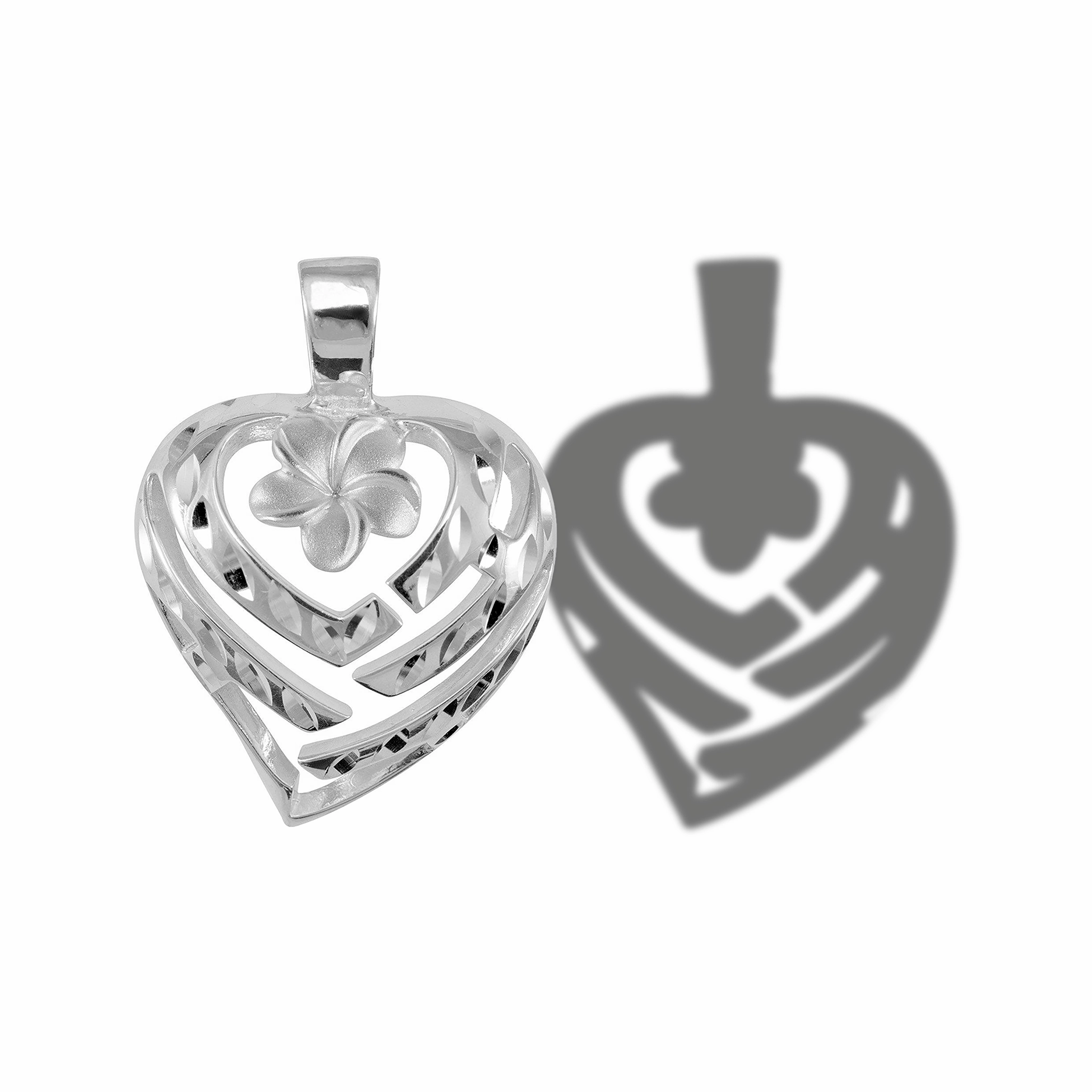 Multi Purpose Structured Accent Aloha Heart Plumeria Pendant in Sterling Silver - 21mm