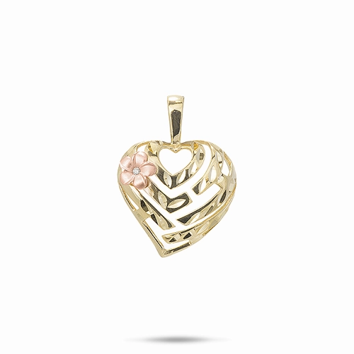 Aloha Heart Plumeria Pendant in Two Tone Gold with Diamond - 18mm Chic Evening