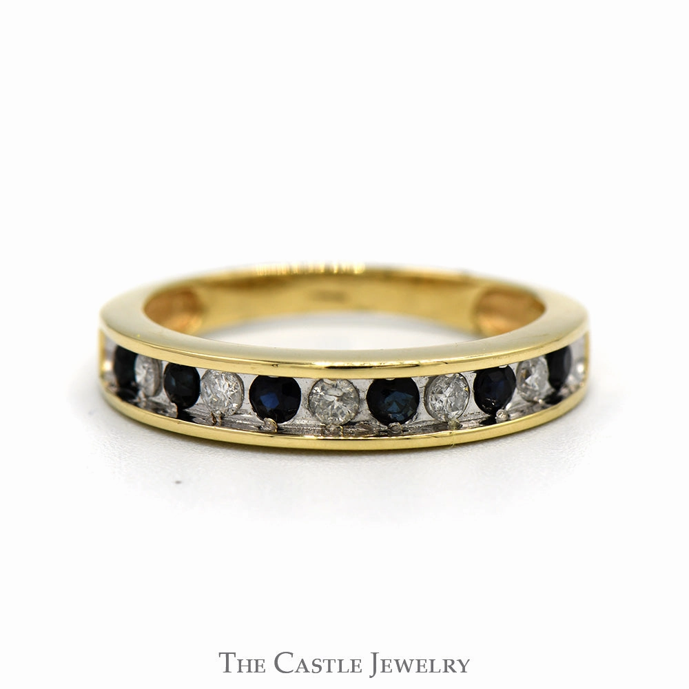 Alternating Diamond & Sapphire Wedding Band in 10k Yellow Gold Romantic Embellishment