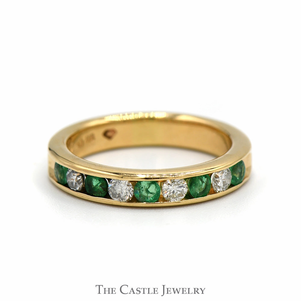 Alternating Round Diamond and Emerald Wedding Band in 14k Yellow Gold Symbolic Form