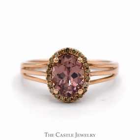 Creative Bauble Fashionable Style Oval Cut Pink Tourmaline Ring with Cocoa Diamond Halo in 14k Rose Gold