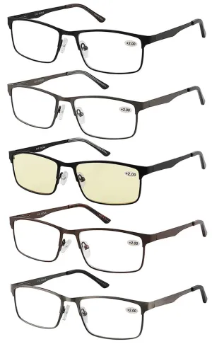 Amcedar 5-Pack Reading Glasses Men Metal Frame Rectangle Style Stainless Steel Material Spring Hinges Includes Computer Readers  1.00  1.00 Magnification (Pack of 5) 5 Pairs Mix