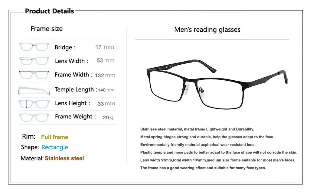 Amcedar 5-Pack Reading Glasses Men Metal Frame Rectangle Style Stainless Steel Material Spring Hinges Includes Computer Readers  1.00  1.00 Magnification (Pack of 5) 5 Pairs Mix