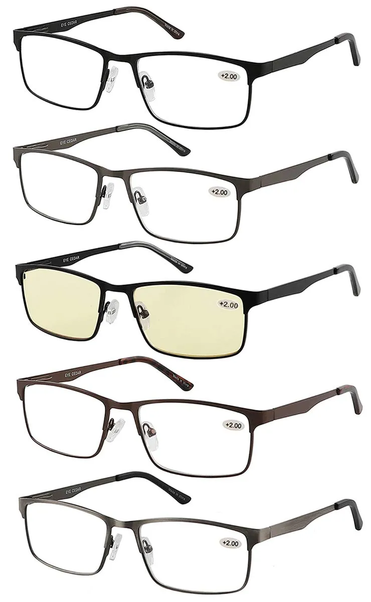 Amcedar 5-Pack Reading Glasses Men Metal Frame Rectangle Style Stainless Steel Material Spring Hinges Includes Computer Readers  1.00  1.00 Magnification (Pack of 5) 5 Pairs Mix