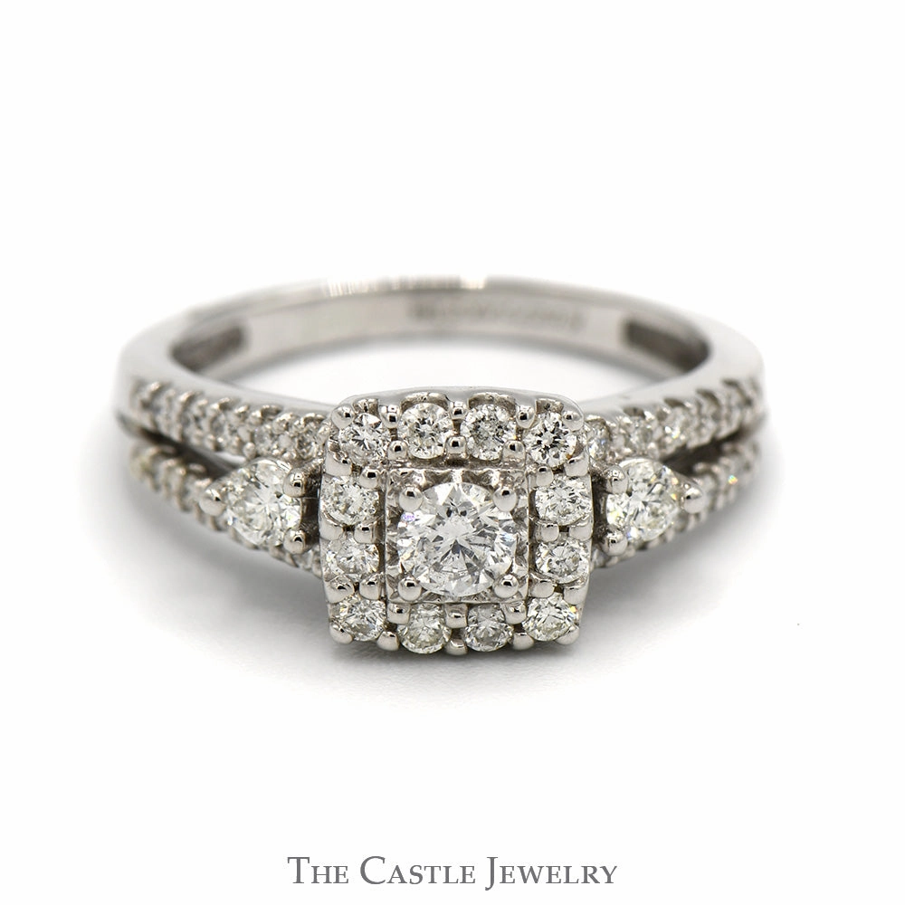 Refined Balance 3/4cttw Diamond Engagement Ring with Square Halo, Accents in 14k White Gold Split Shank Setting