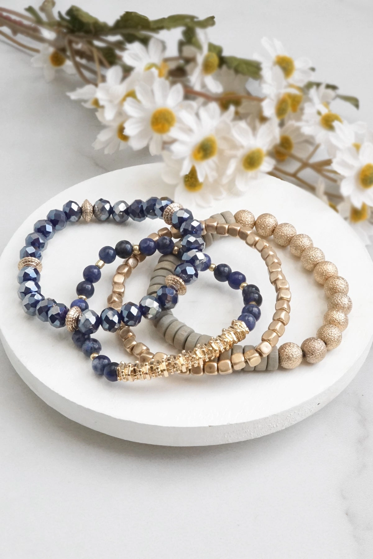 First rate Delightful Journey Bracelets stack of 4 piece beaded with Blue Semi Precious stones glass wooden and golden beads