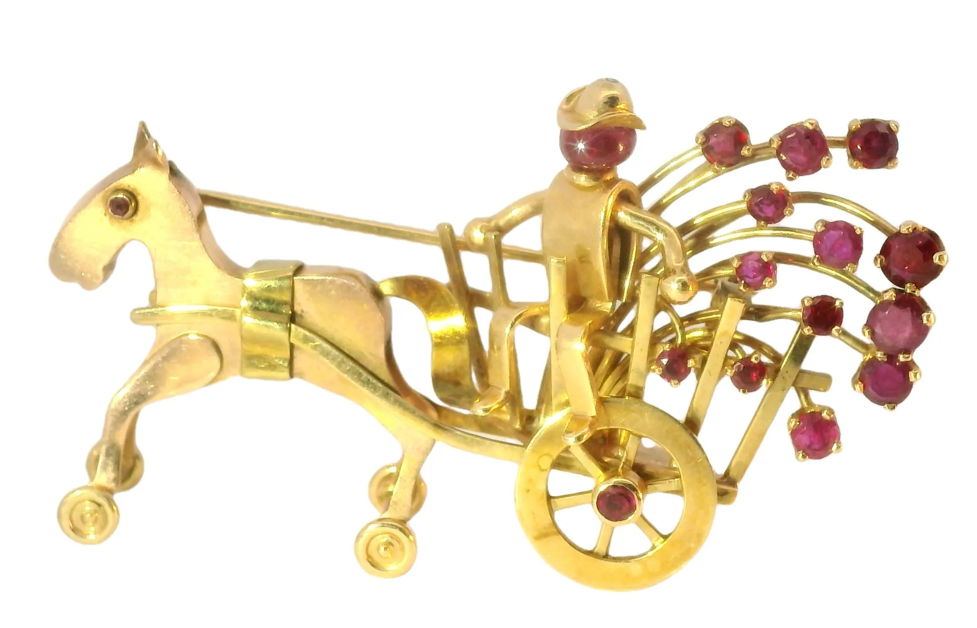 Antique 14K Gold Carriage Horse Brooch with Rubies and Movable Wheels