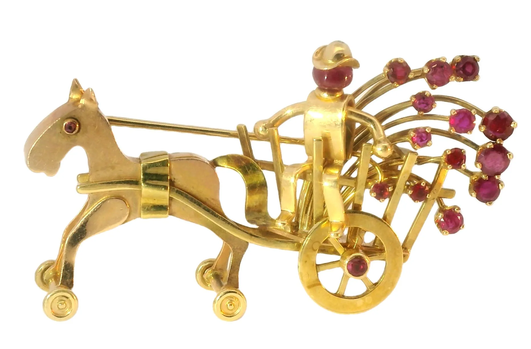 Antique 14K Gold Carriage Horse Brooch with Rubies and Movable Wheels