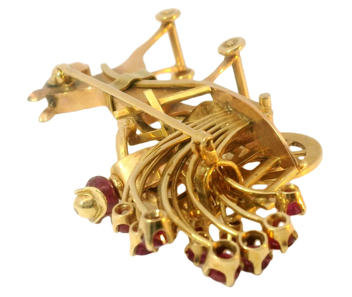 Antique 14K Gold Carriage Horse Brooch with Rubies and Movable Wheels