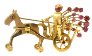 Antique 14K Gold Carriage Horse Brooch with Rubies and Movable Wheels