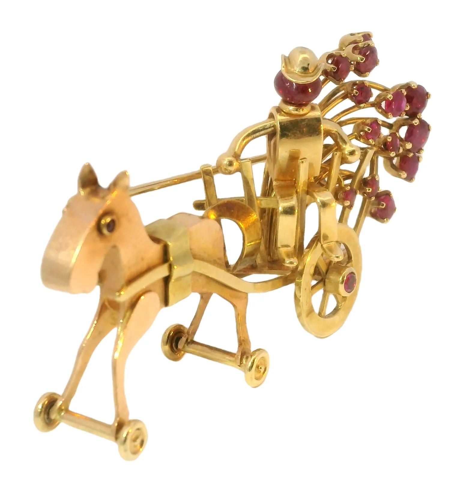 Antique 14K Gold Carriage Horse Brooch with Rubies and Movable Wheels