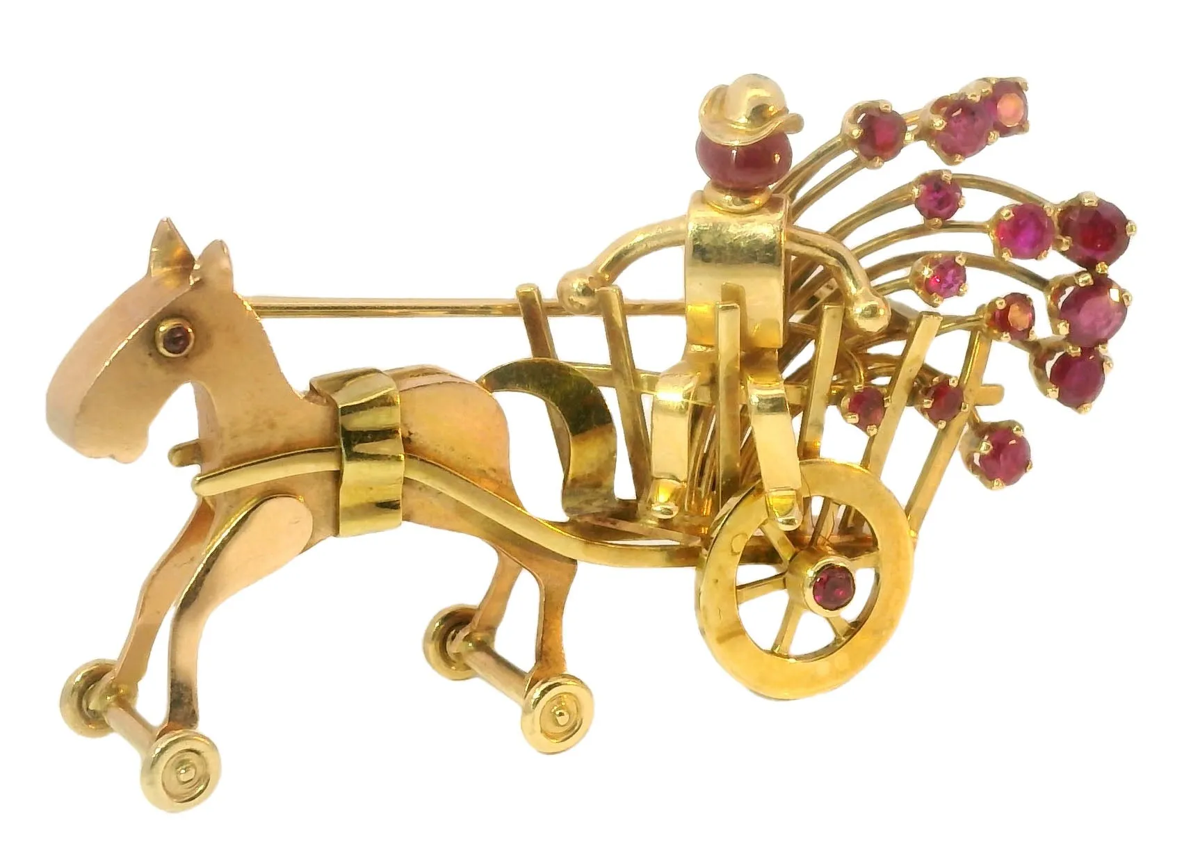 Antique 14K Gold Carriage Horse Brooch with Rubies and Movable Wheels