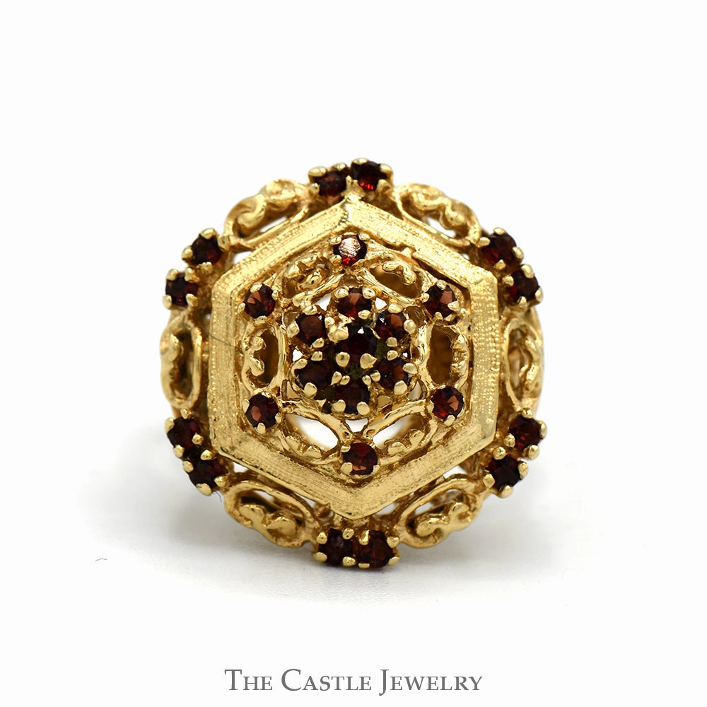 Antique Style Garnet Cluster Shield Ring in 14k Yellow Gold Balanced Structure