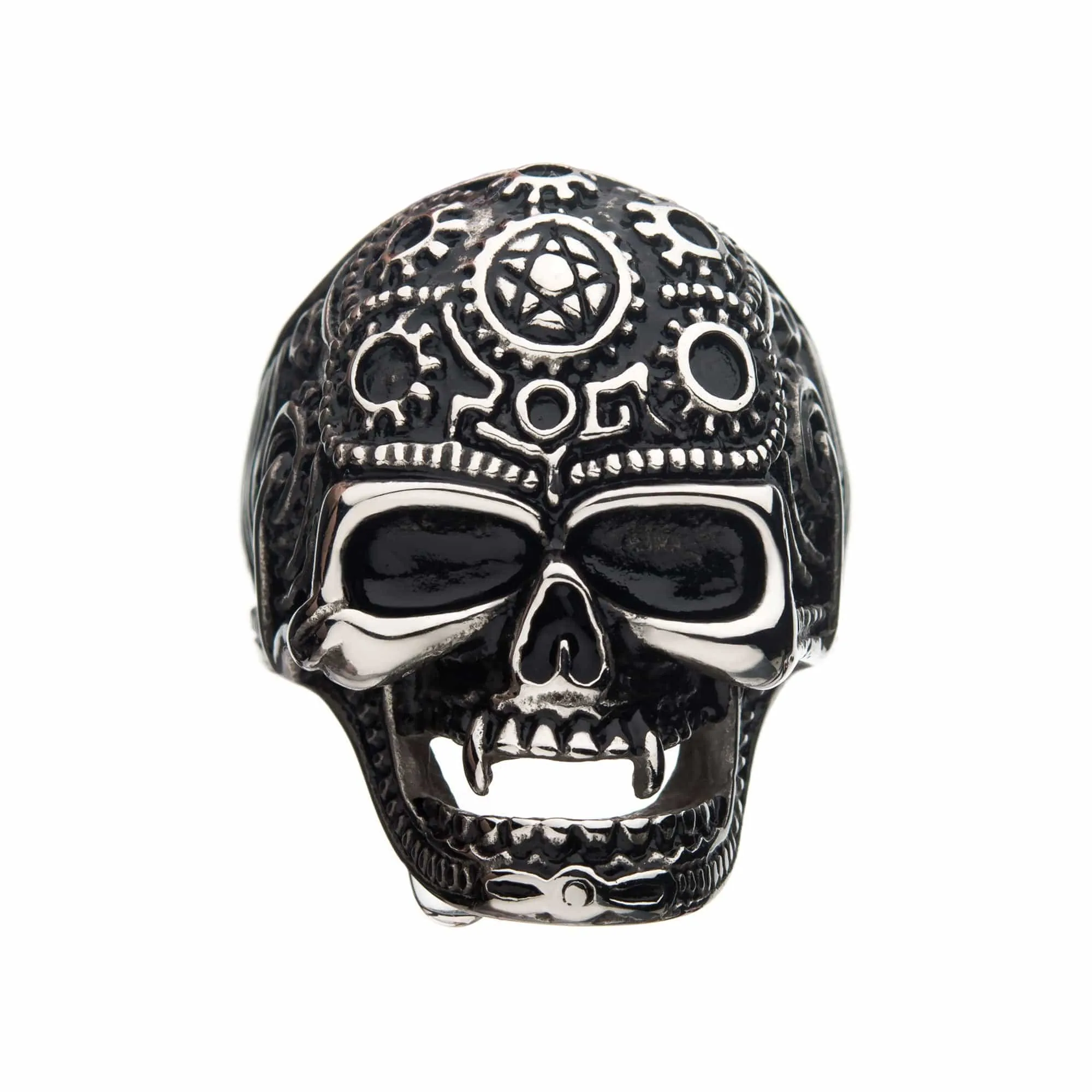 Antiqued Silver Tone Stainless Steel Oxidized Finish Vampire Skull Ring