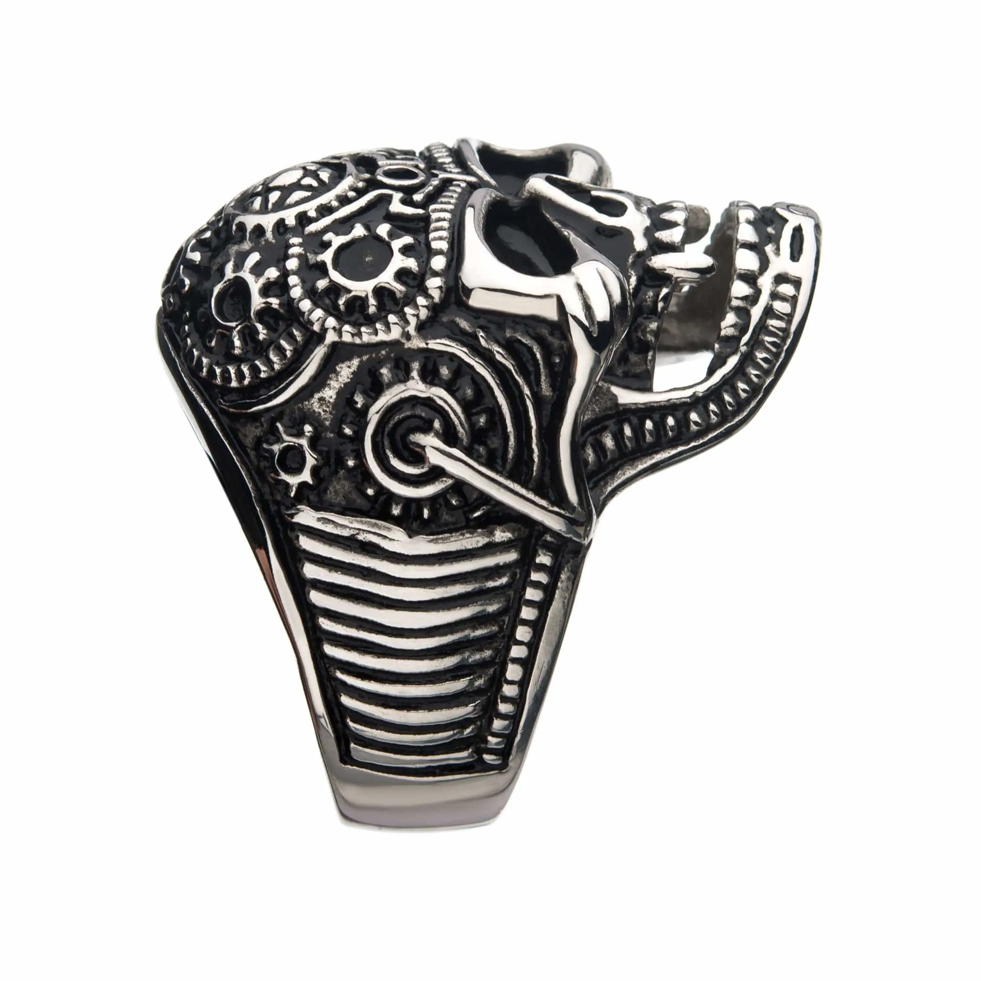 Antiqued Silver Tone Stainless Steel Oxidized Finish Vampire Skull Ring
