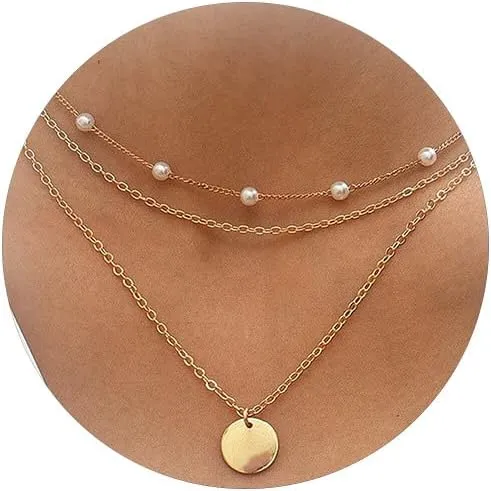 Aonklot Layered Necklaces for Women Pearl Chain Necklace Coin Pendant Necklace Boho Layering Choker Necklaces Adjustable Jewelry Gifts