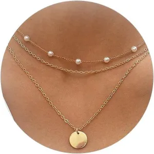 Aonklot Layered Necklaces for Women Pearl Chain Necklace Coin Pendant Necklace Boho Layering Choker Necklaces Adjustable Jewelry Gifts