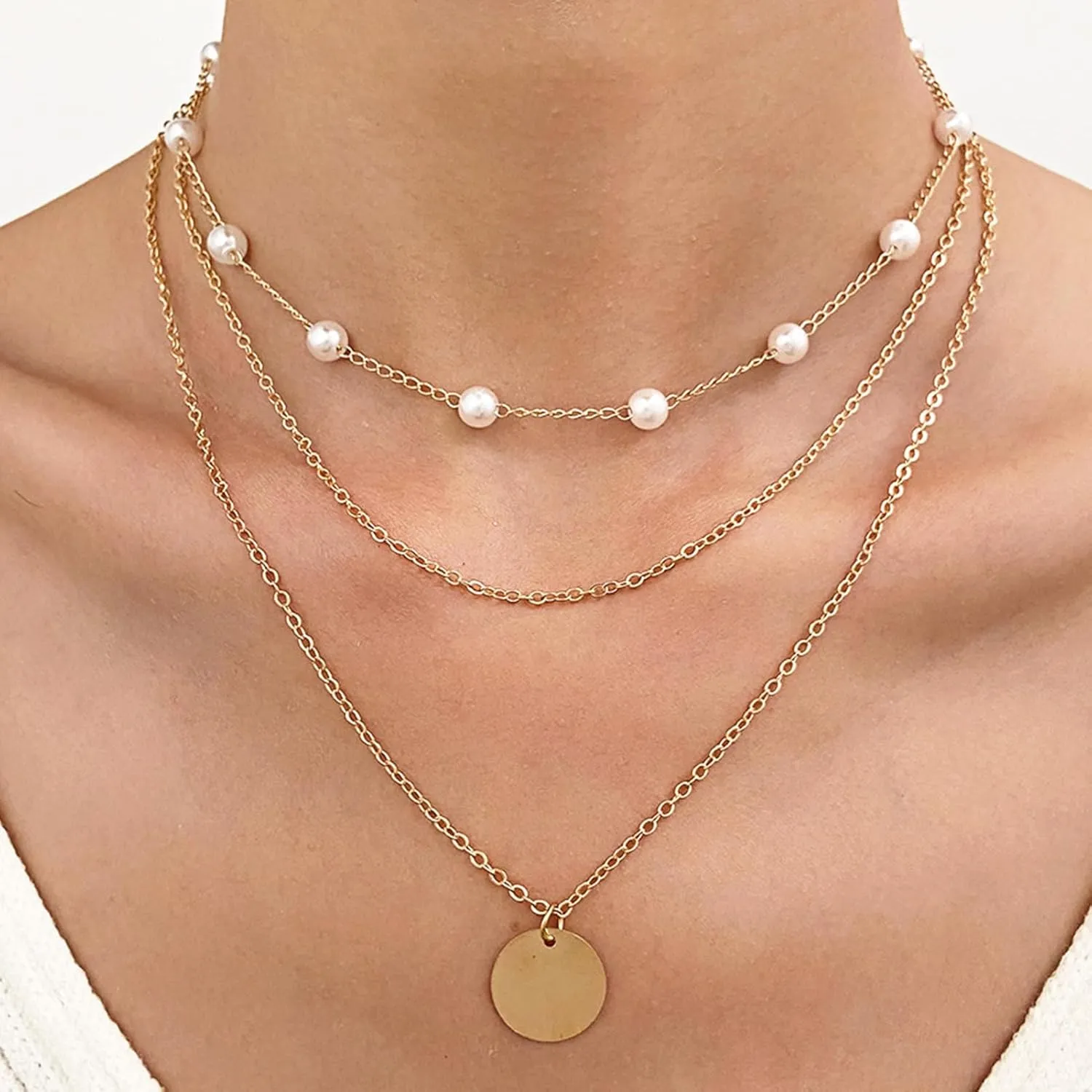 Aonklot Layered Necklaces for Women Pearl Chain Necklace Coin Pendant Necklace Boho Layering Choker Necklaces Adjustable Jewelry Gifts